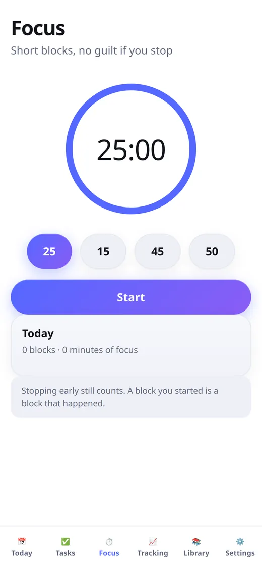 Focus timer set to 25 minutes