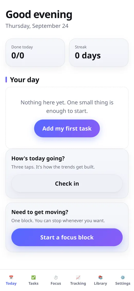 Today screen with your day and a focus block