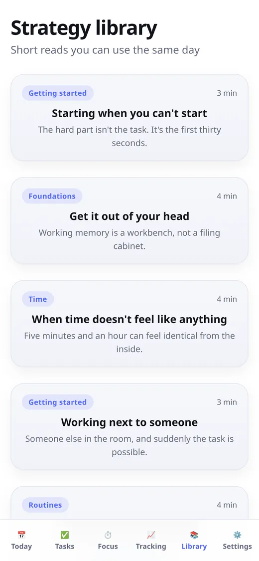 Strategy library with short articles